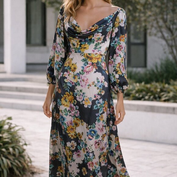 Anthropologie Dresses & Skirts - Anthropologie Floral Silk Cowl Neck Puff Sleeve Tie Back Midi Dress Size XL